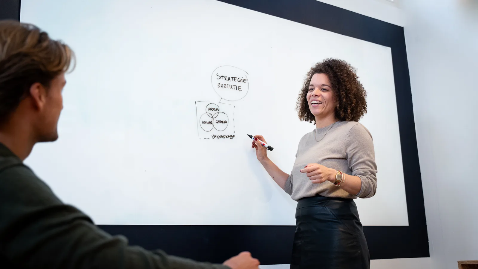 Medewerker licht een strategie toe op het whiteboard